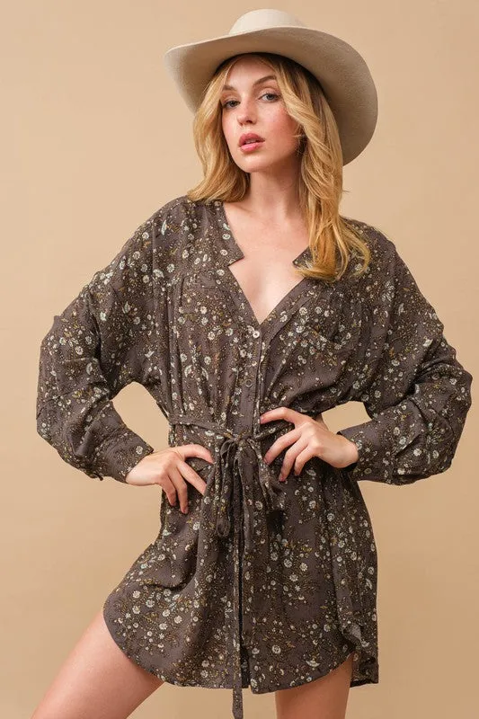 Rayon Crinkle Floral Shift Shirt Dress