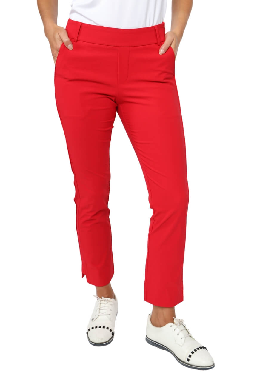 Red ankle pant stretch.