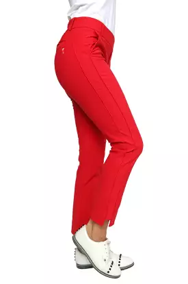 Red ankle pant stretch.