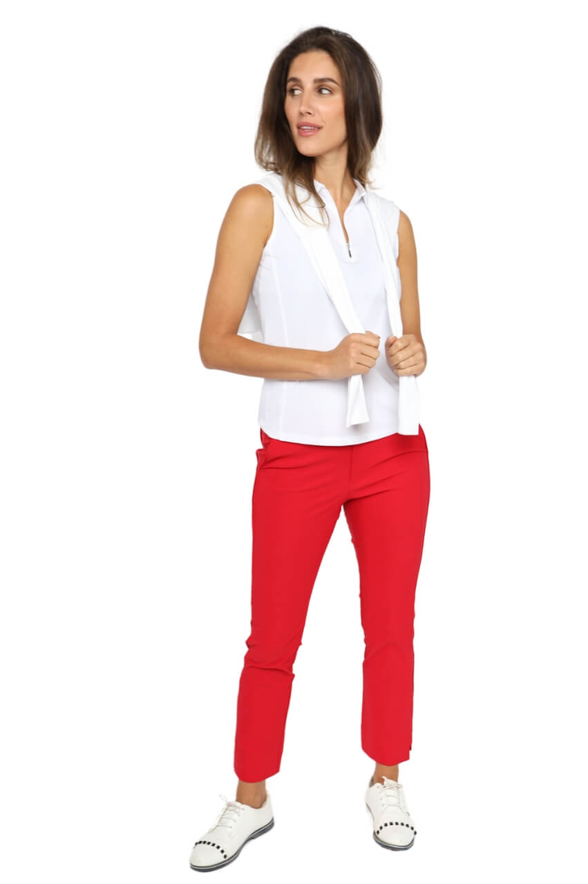 Red ankle pant stretch.