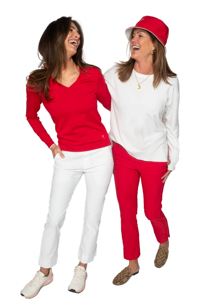 Red ankle pant stretch.