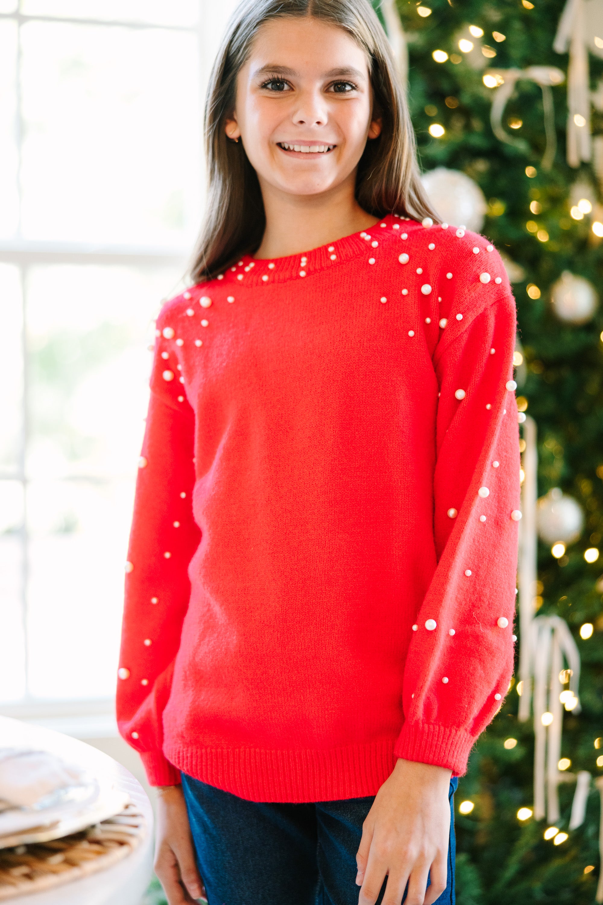 Red Pearl Studded Sweater: Irresistible for Girls