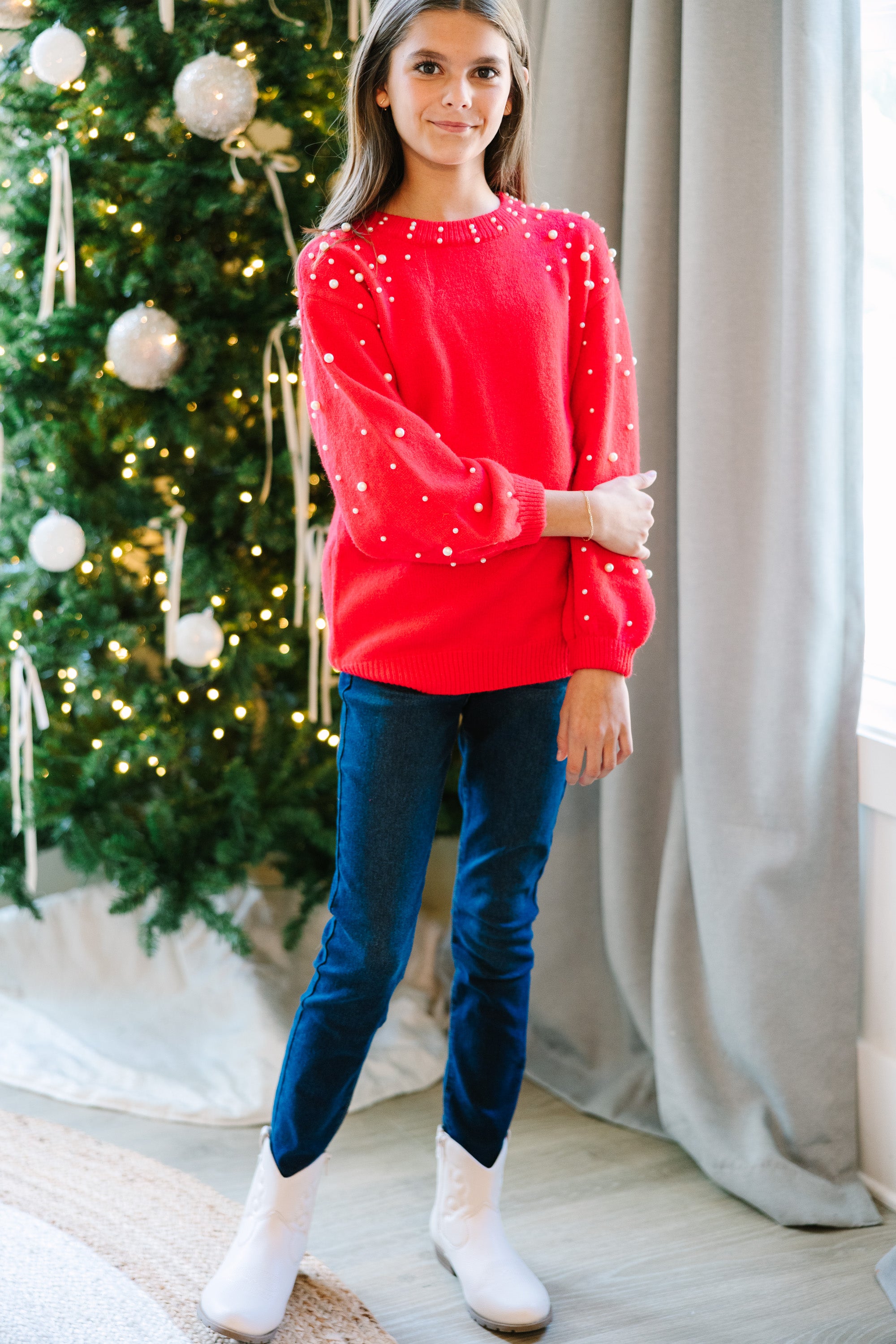 Red Pearl Studded Sweater: Irresistible for Girls