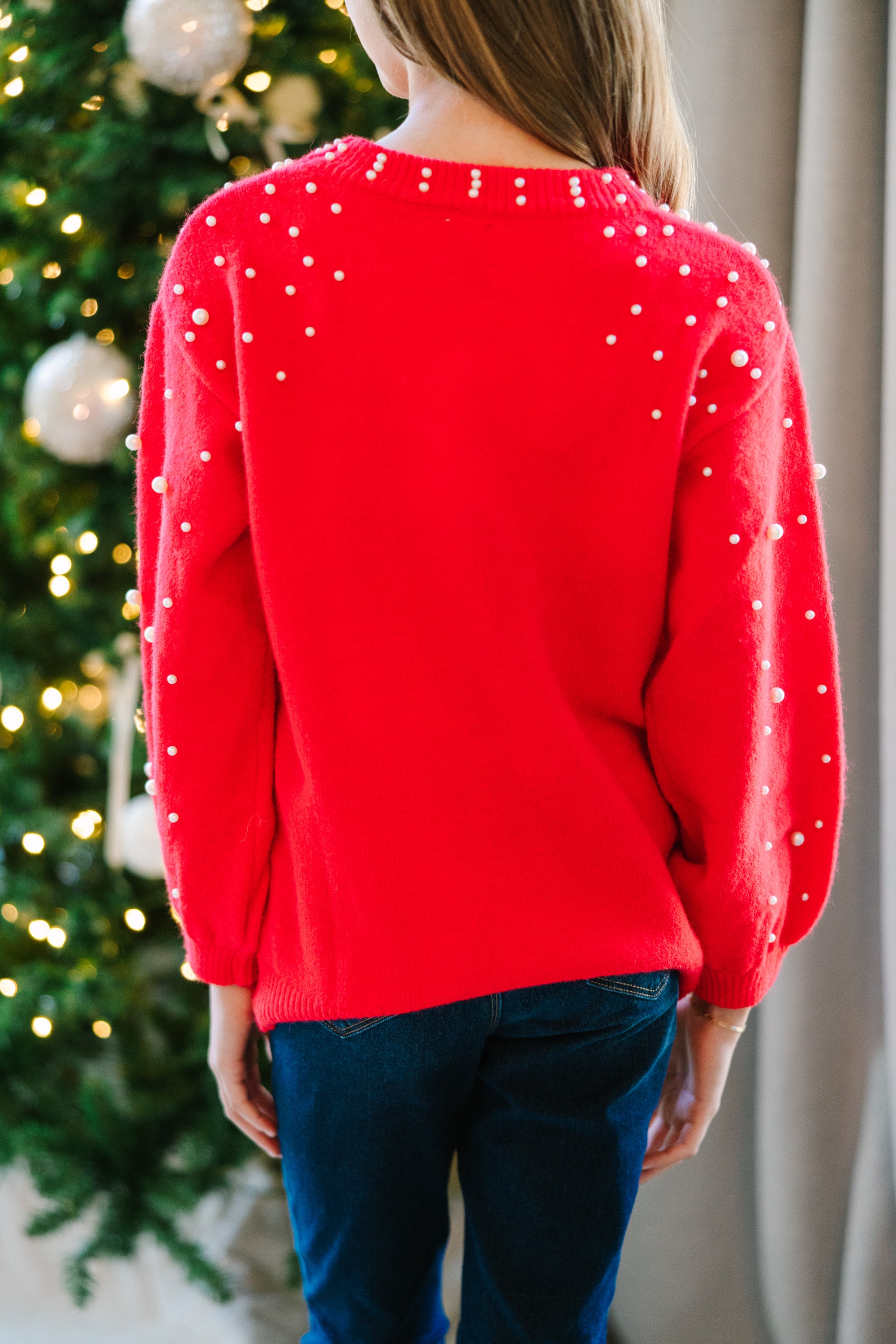 Red Pearl Studded Sweater: Irresistible for Girls