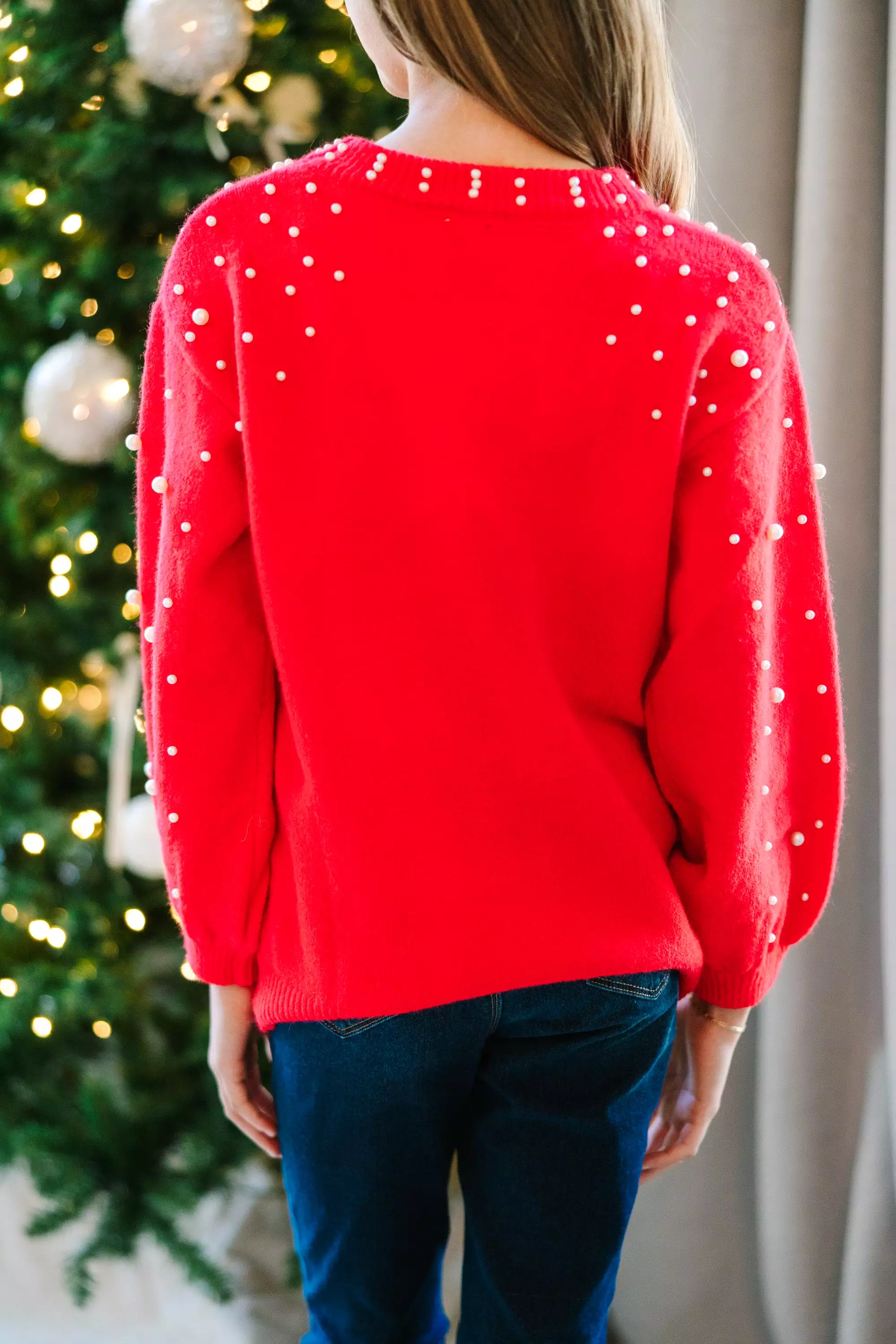 Red Pearl Studded Sweater: Irresistible for Girls