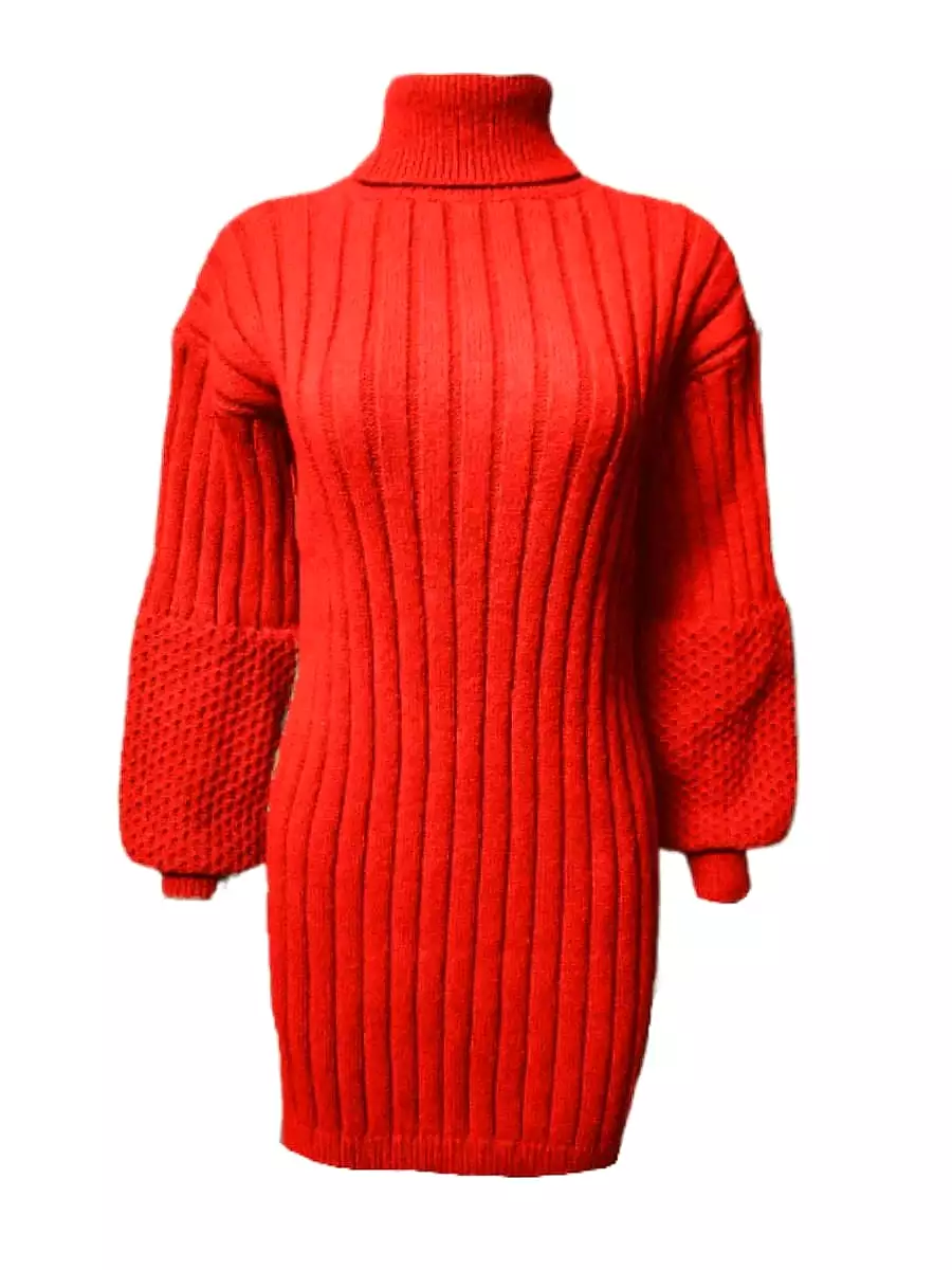 Red Turtleneck Sweater Dress - Long Sleeves