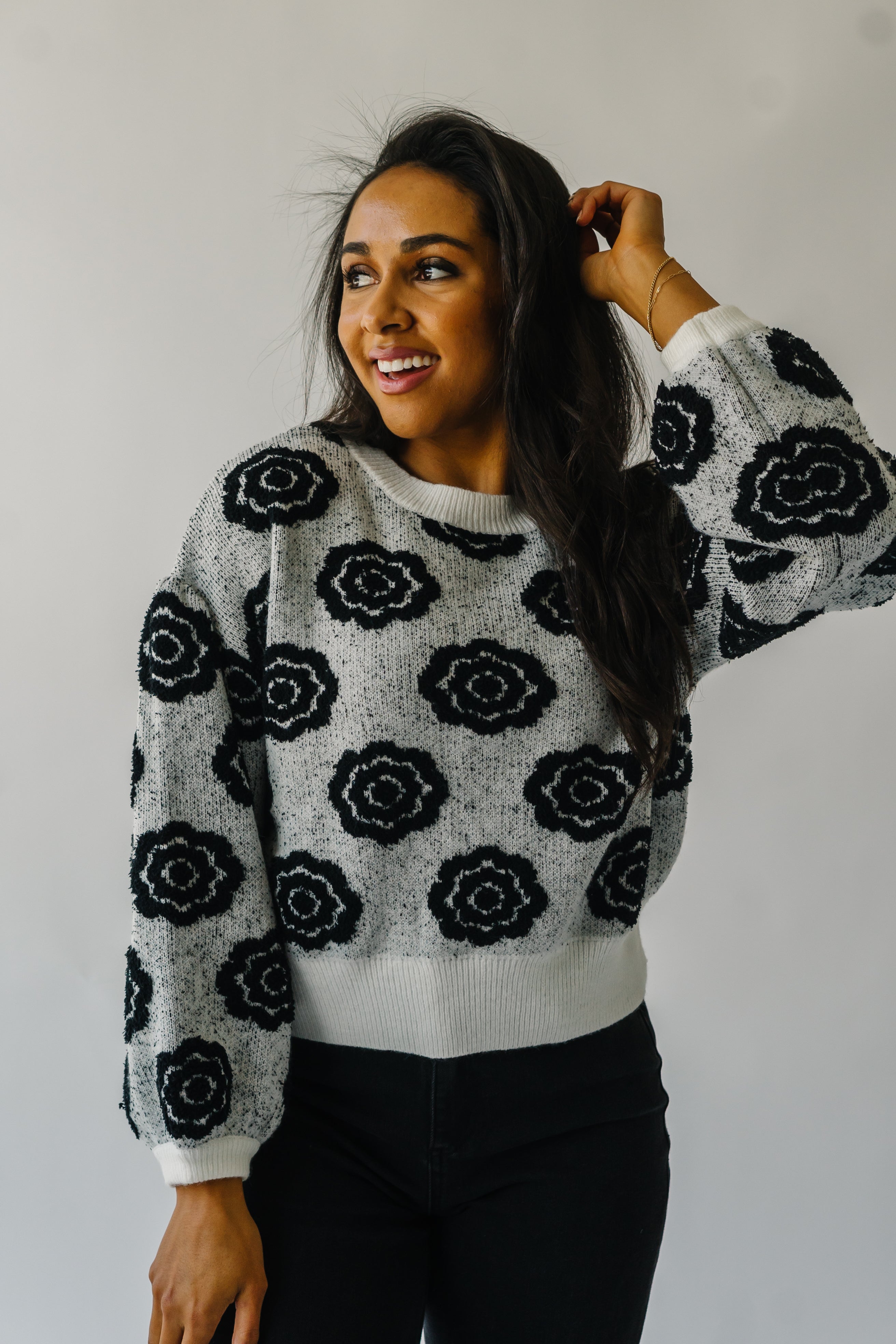 Remsen White and Black Flower Patterned Sweater