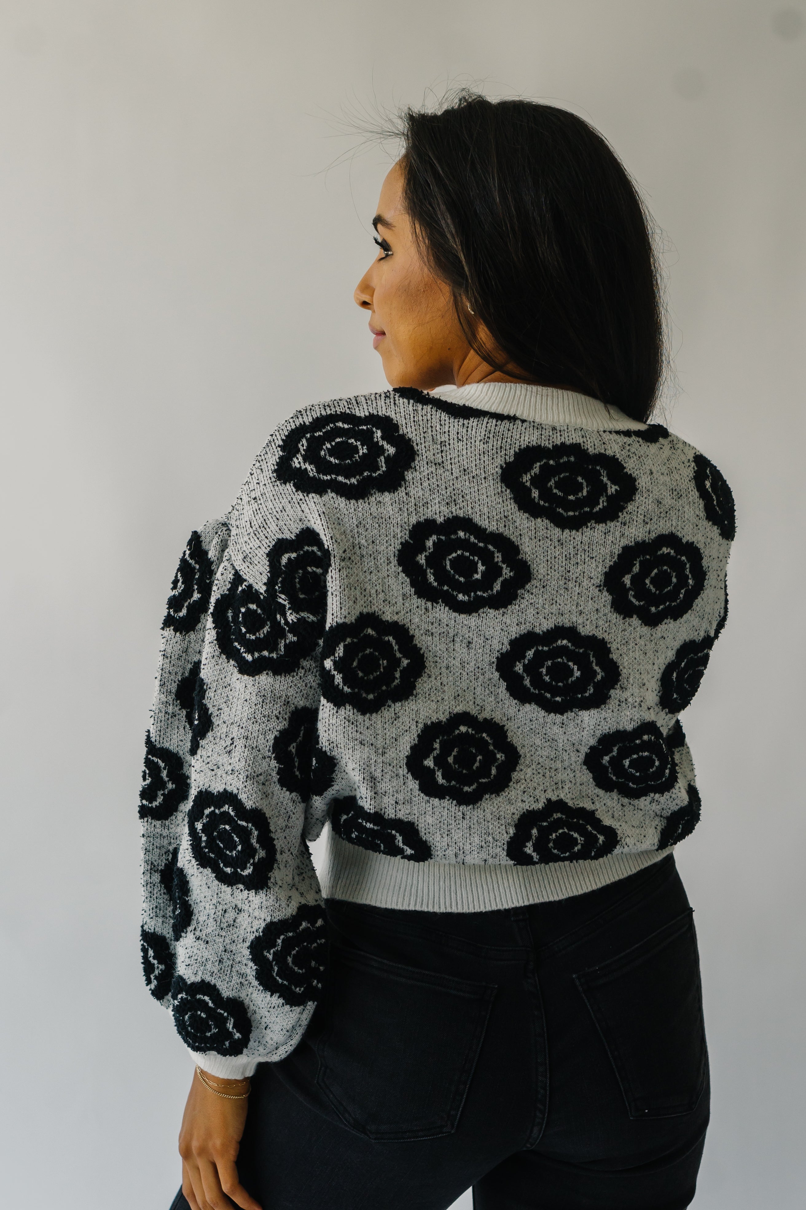 Remsen White and Black Flower Patterned Sweater