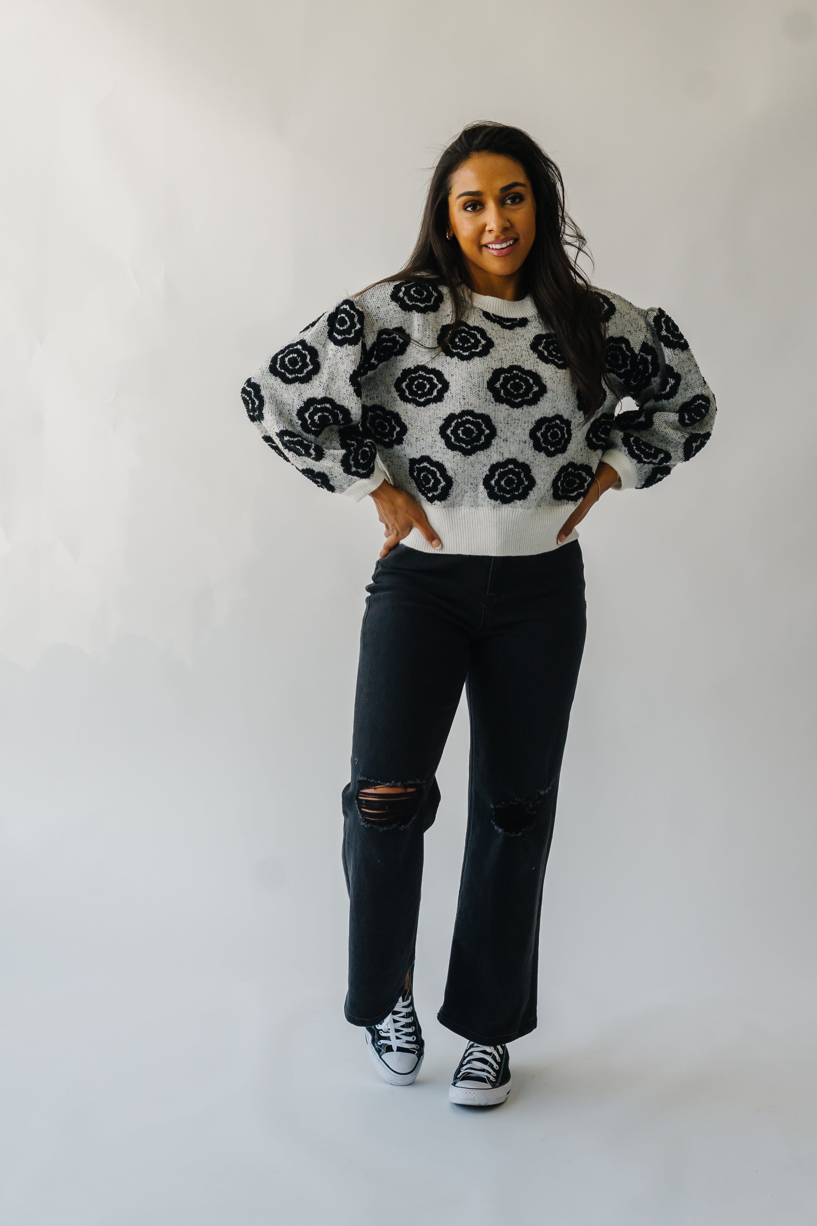 Remsen White and Black Flower Patterned Sweater