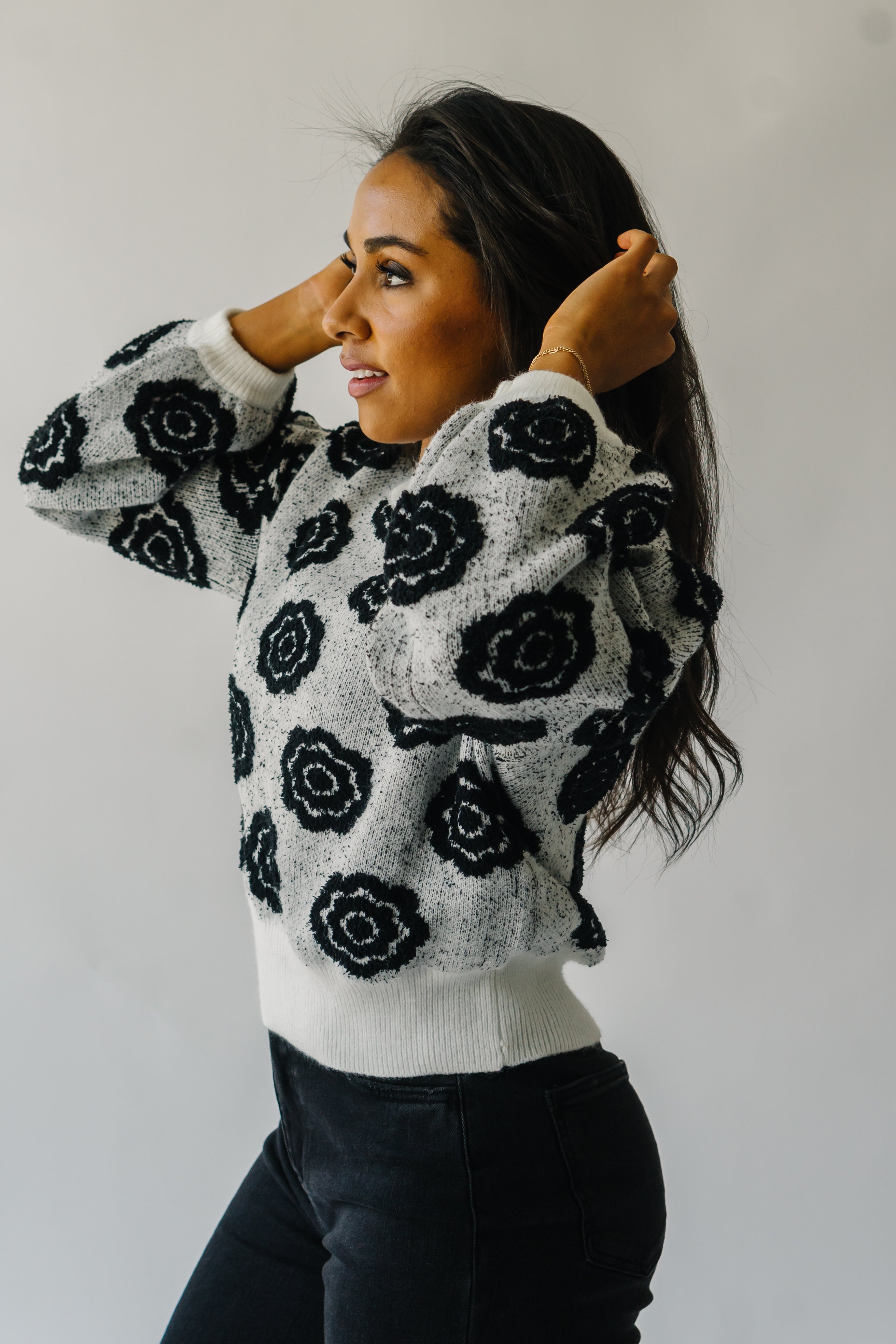 Remsen White and Black Flower Patterned Sweater