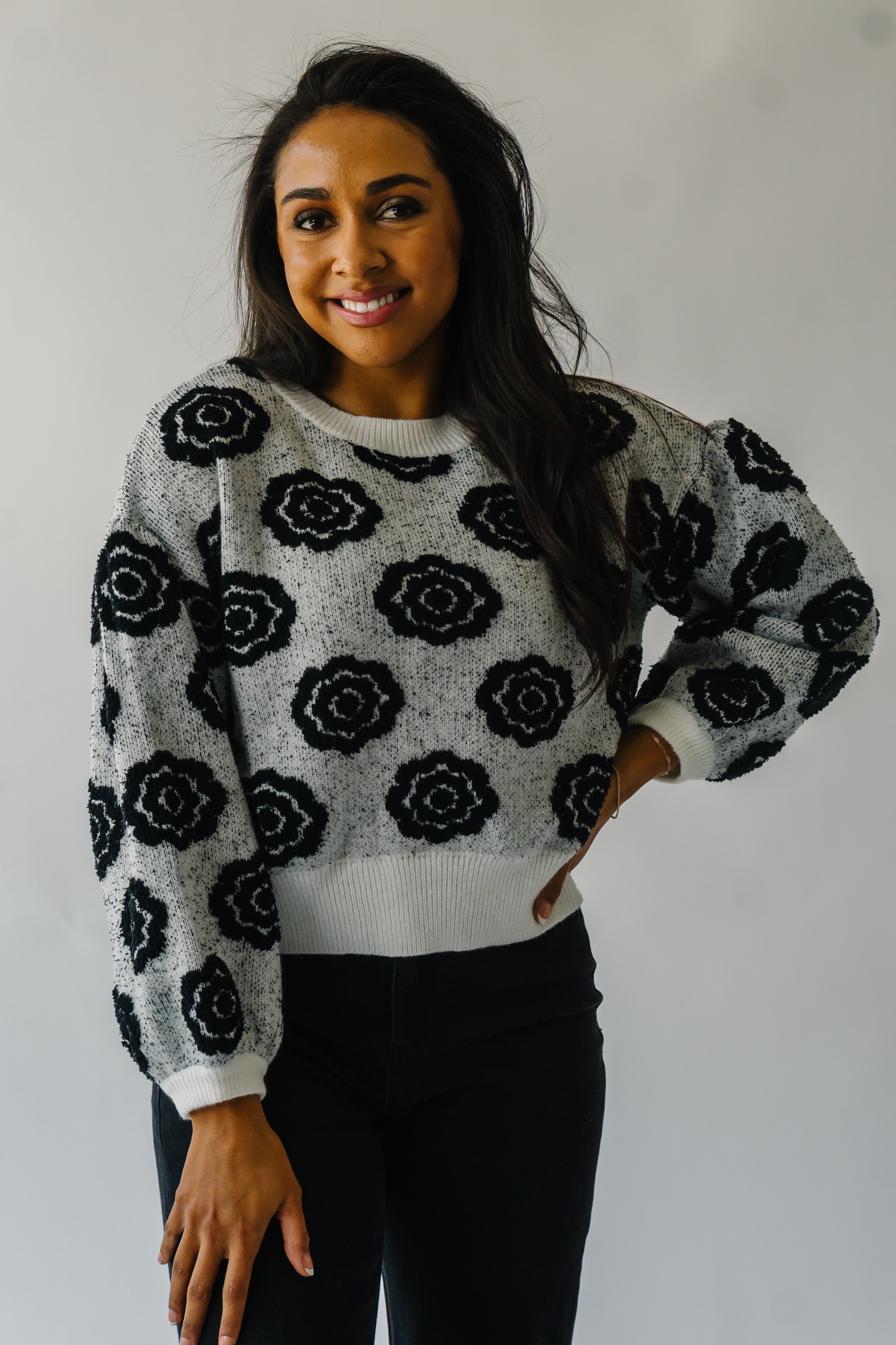 Remsen White and Black Flower Patterned Sweater