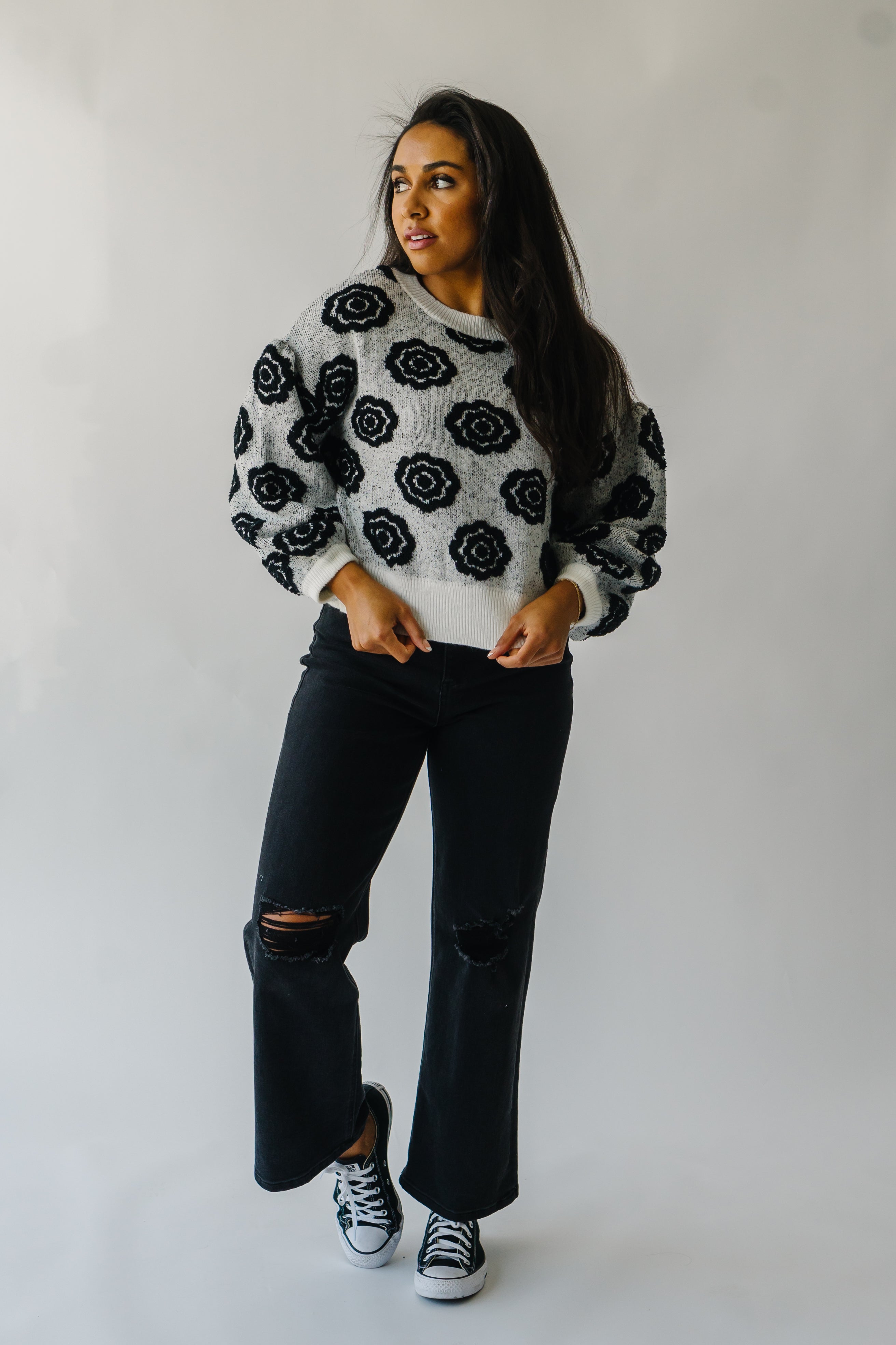 Remsen White and Black Flower Patterned Sweater