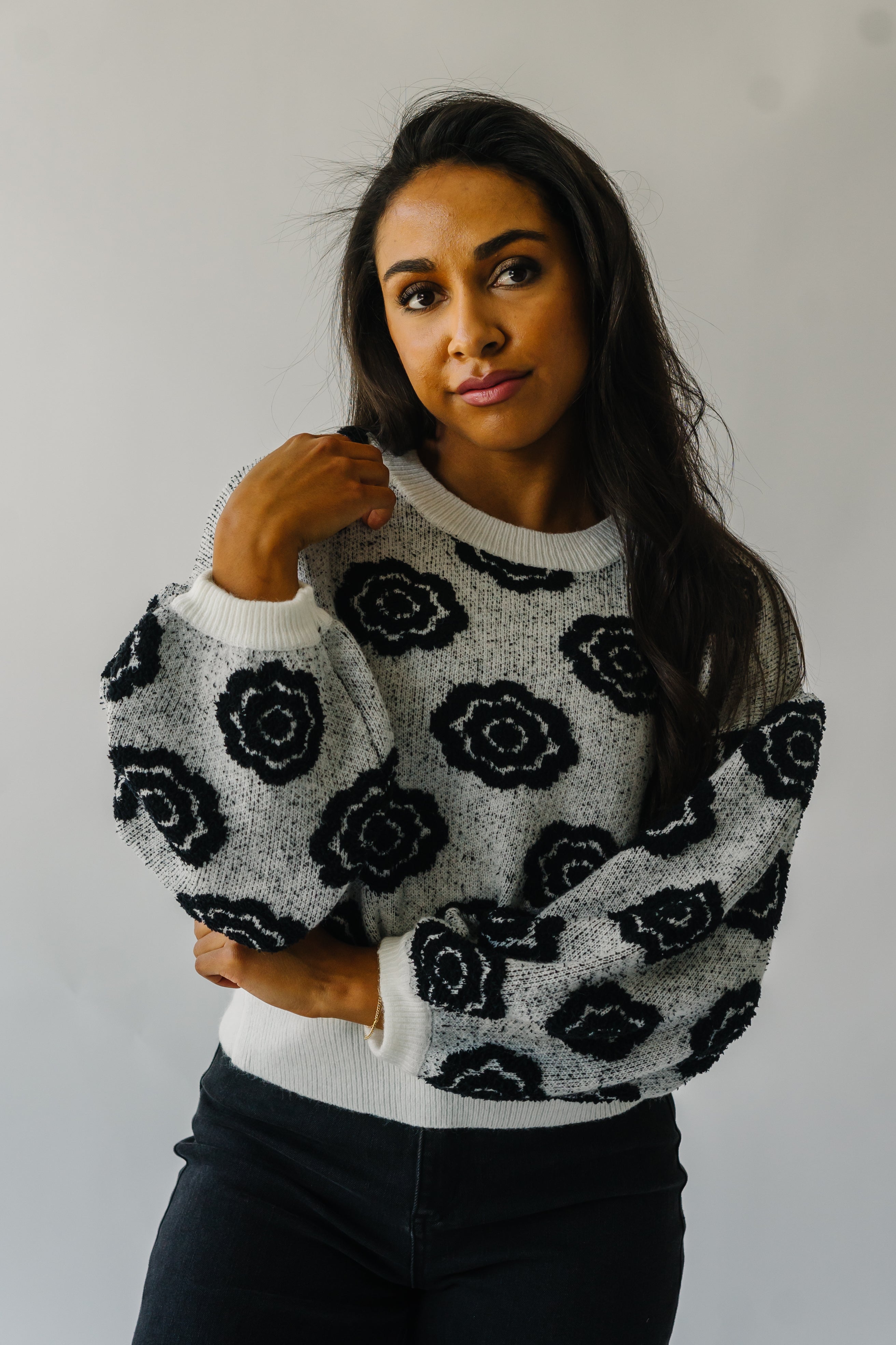 Remsen White and Black Flower Patterned Sweater