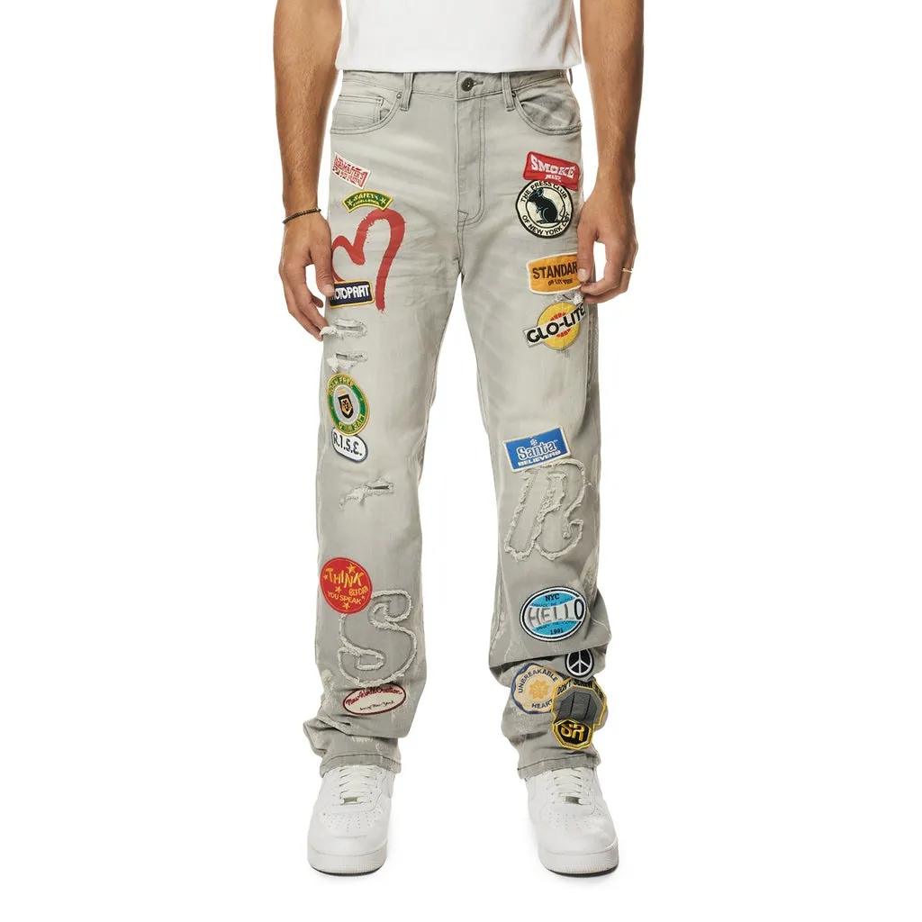 Retro Embroidered Multi Patched Jeans Cold Grey