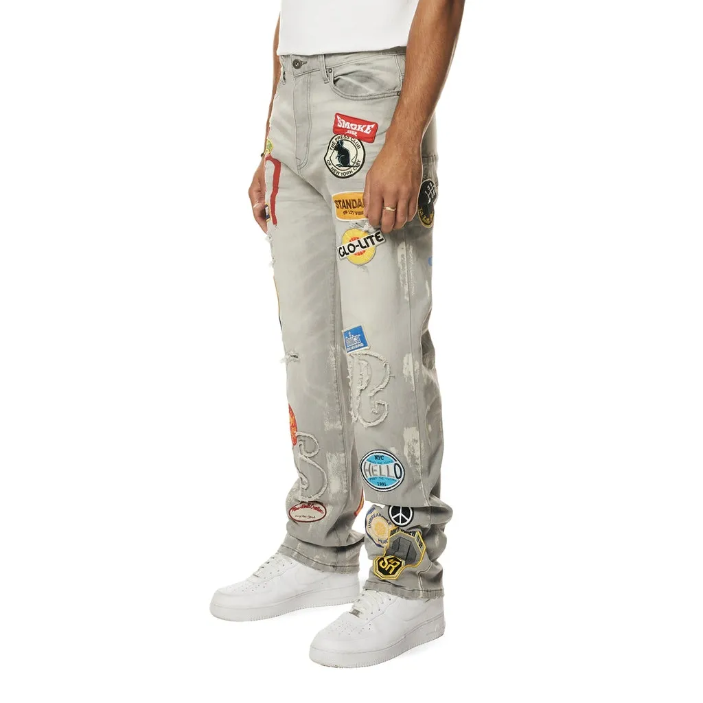 Retro Embroidered Multi Patched Jeans Cold Grey