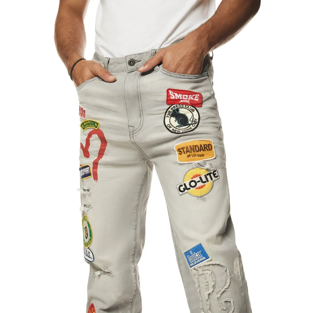 Retro Embroidered Multi Patched Jeans Cold Grey