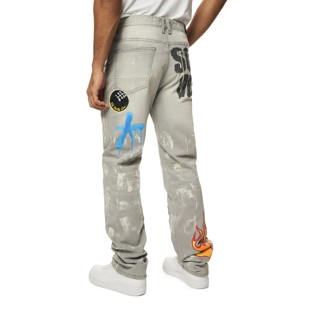 Retro Embroidered Multi Patched Jeans Cold Grey