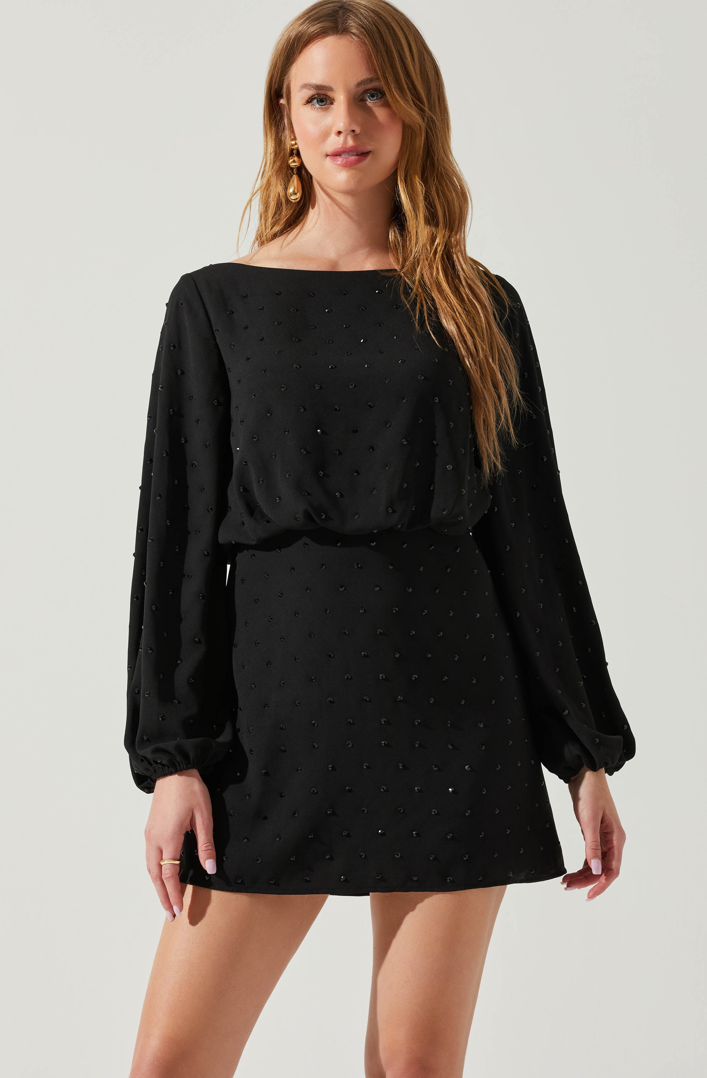 Rhinestone Embellished Long Sleeve Mini Dress