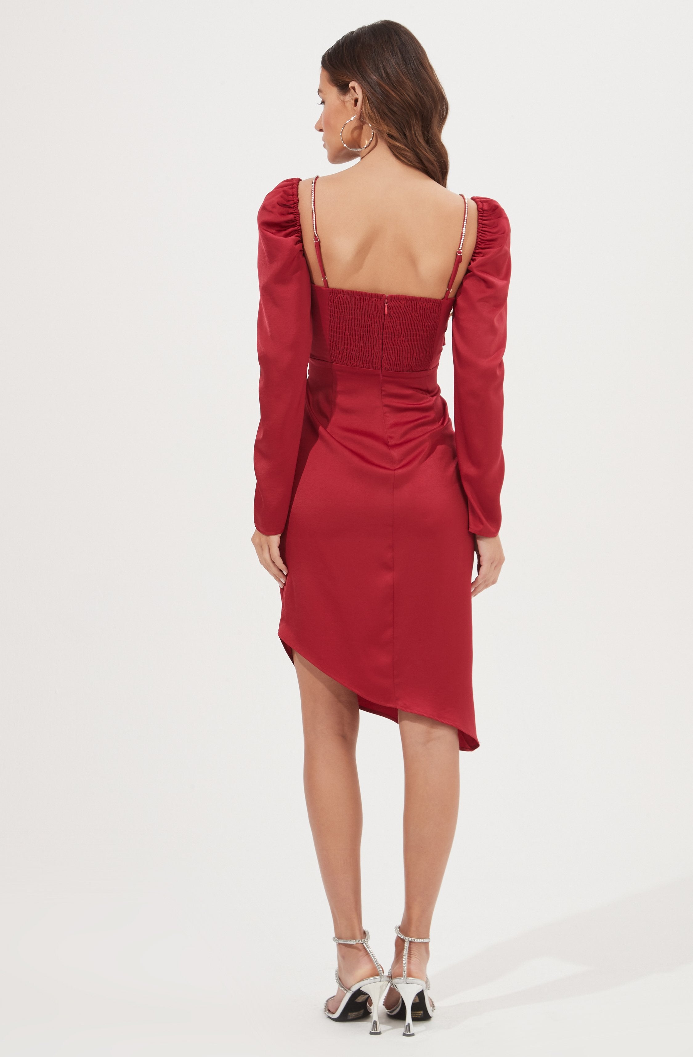 Rhinestone Satin Long Sleeve Midi Dress