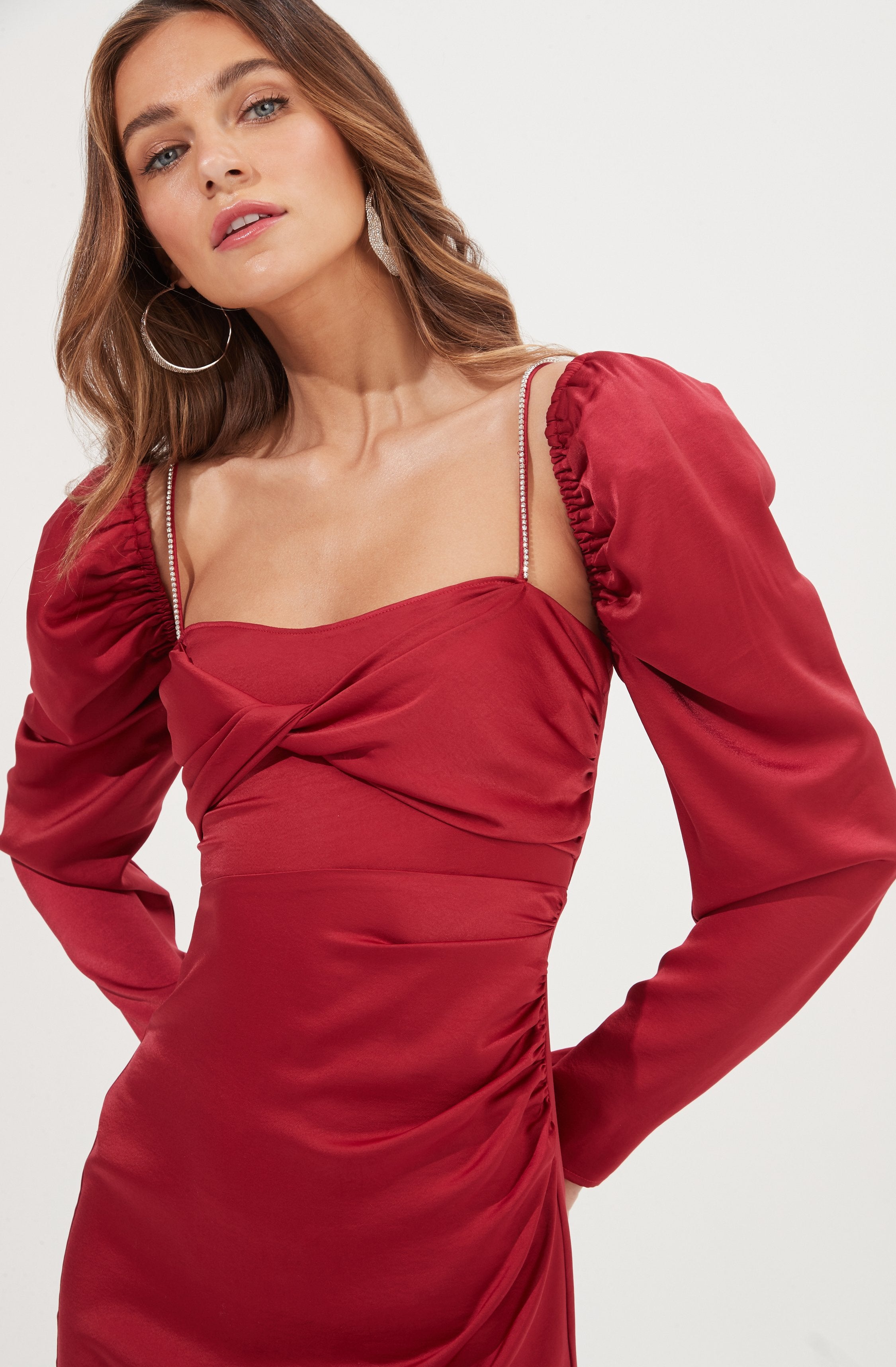 Rhinestone Satin Long Sleeve Midi Dress