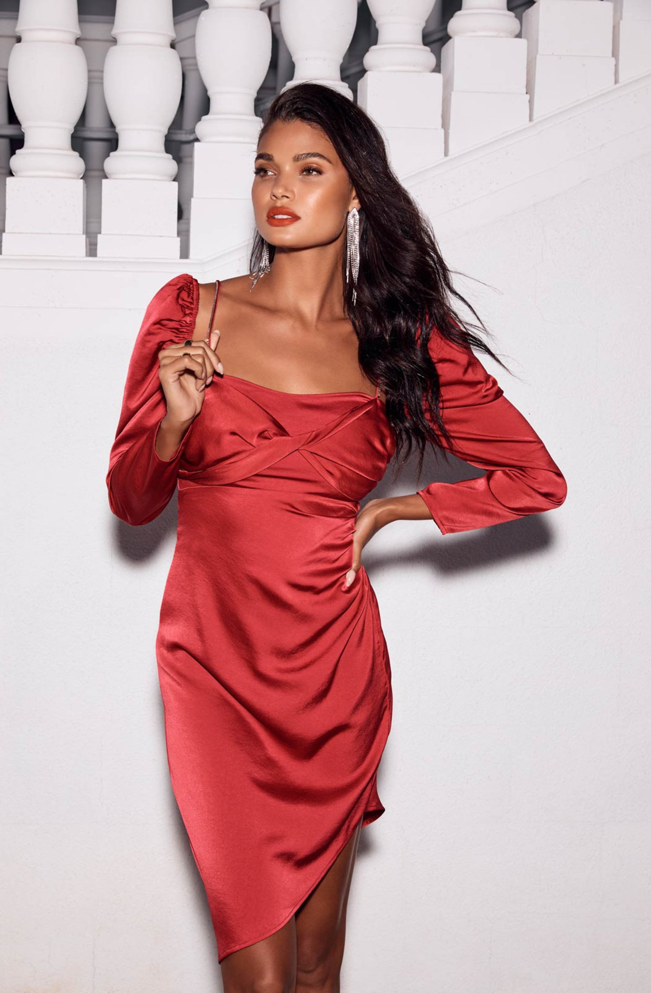 Rhinestone Satin Long Sleeve Midi Dress