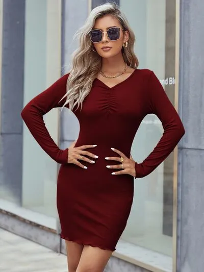 V-Neck Long Sleeve Wrap Dress with Ruching