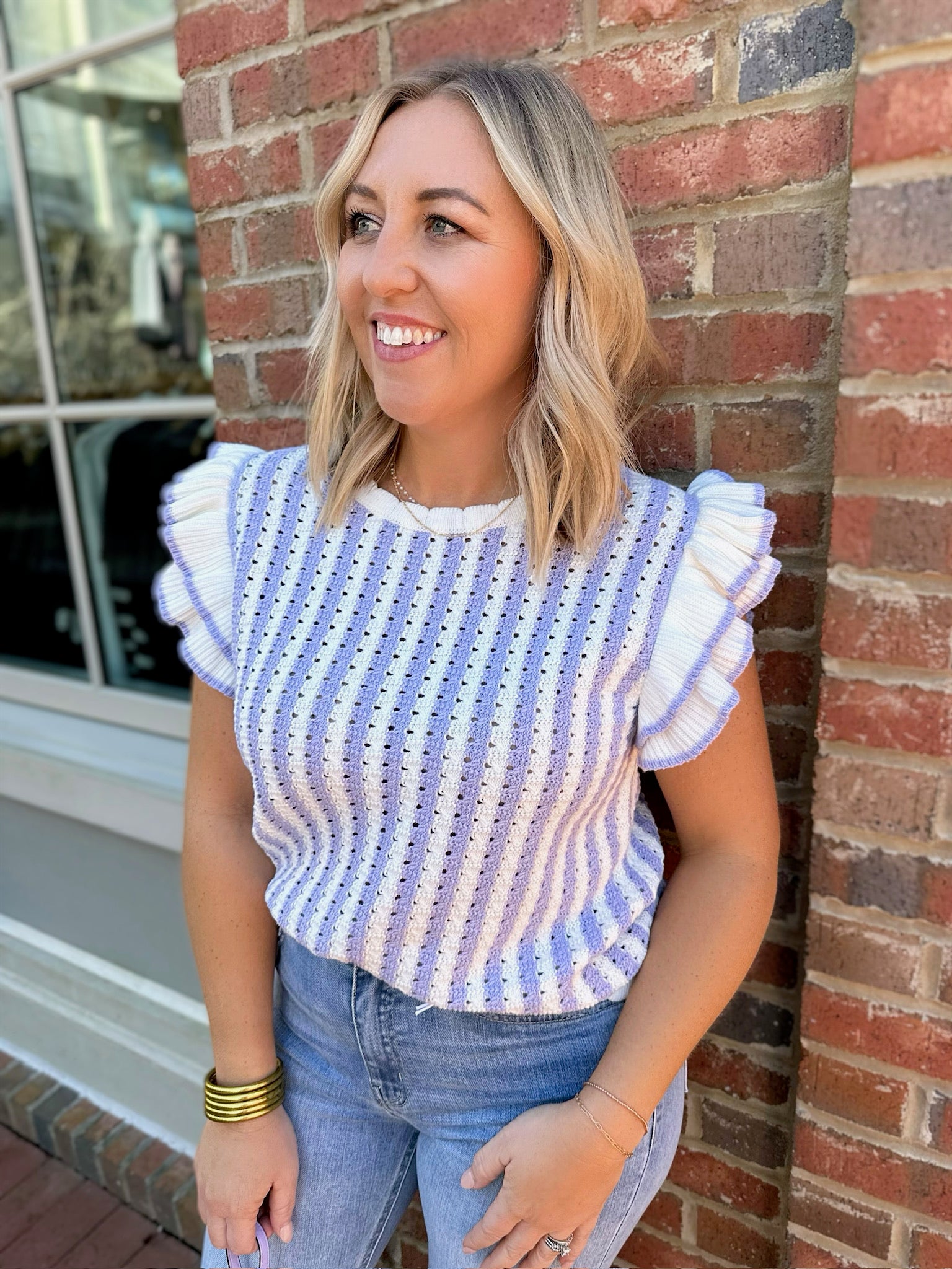 Run Away Striped Knit Sweater with Ruffles