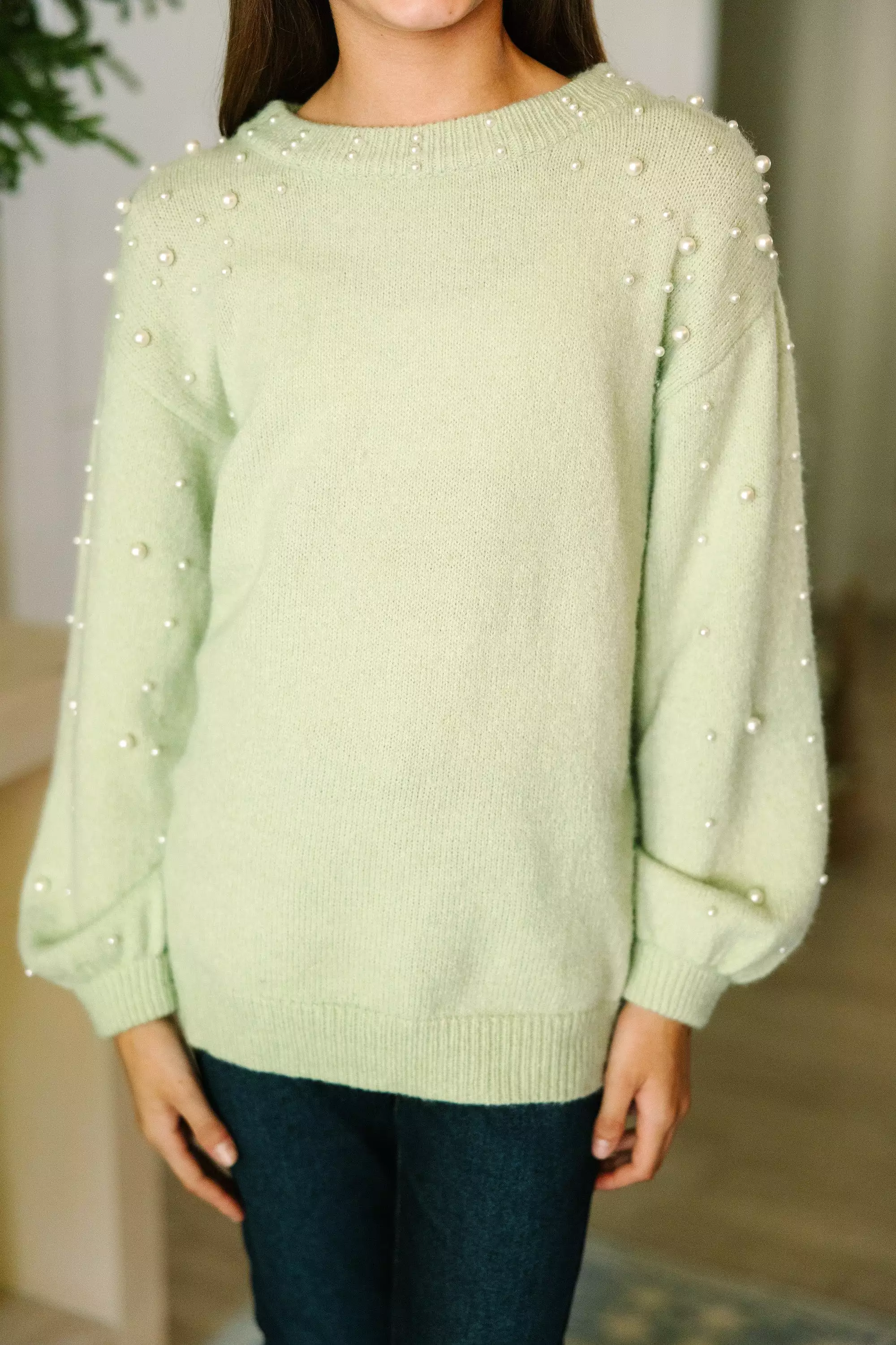 Sage Green Pearl Studded Sweater: Irresistible Love for Girls