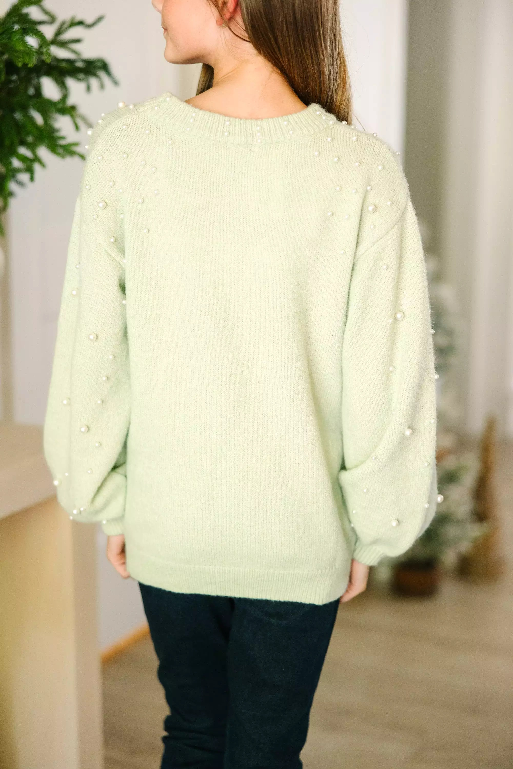 Sage Green Pearl Studded Sweater: Irresistible Love for Girls