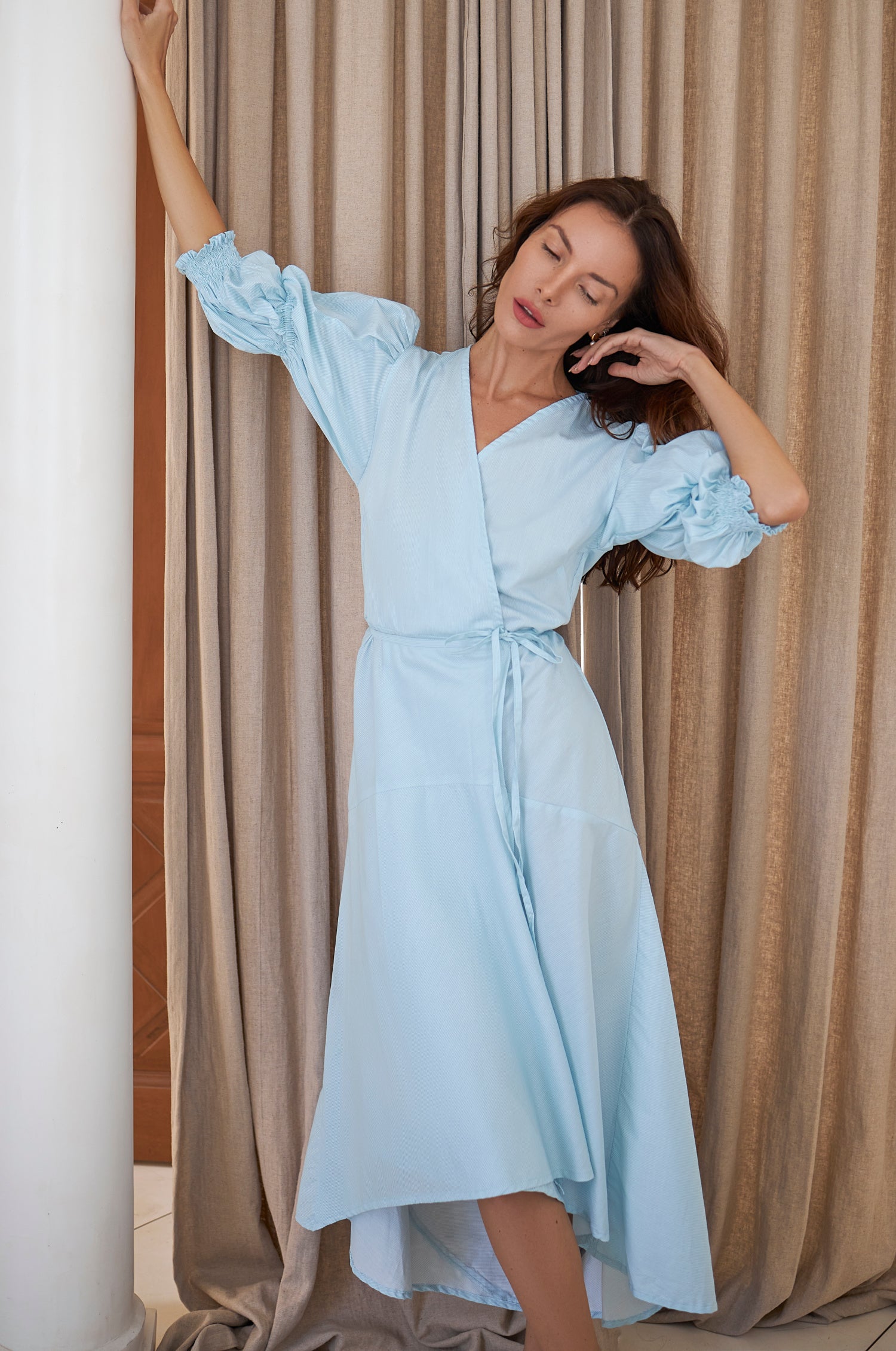 Sail Puff Sleeve Wrap Dress On Sale