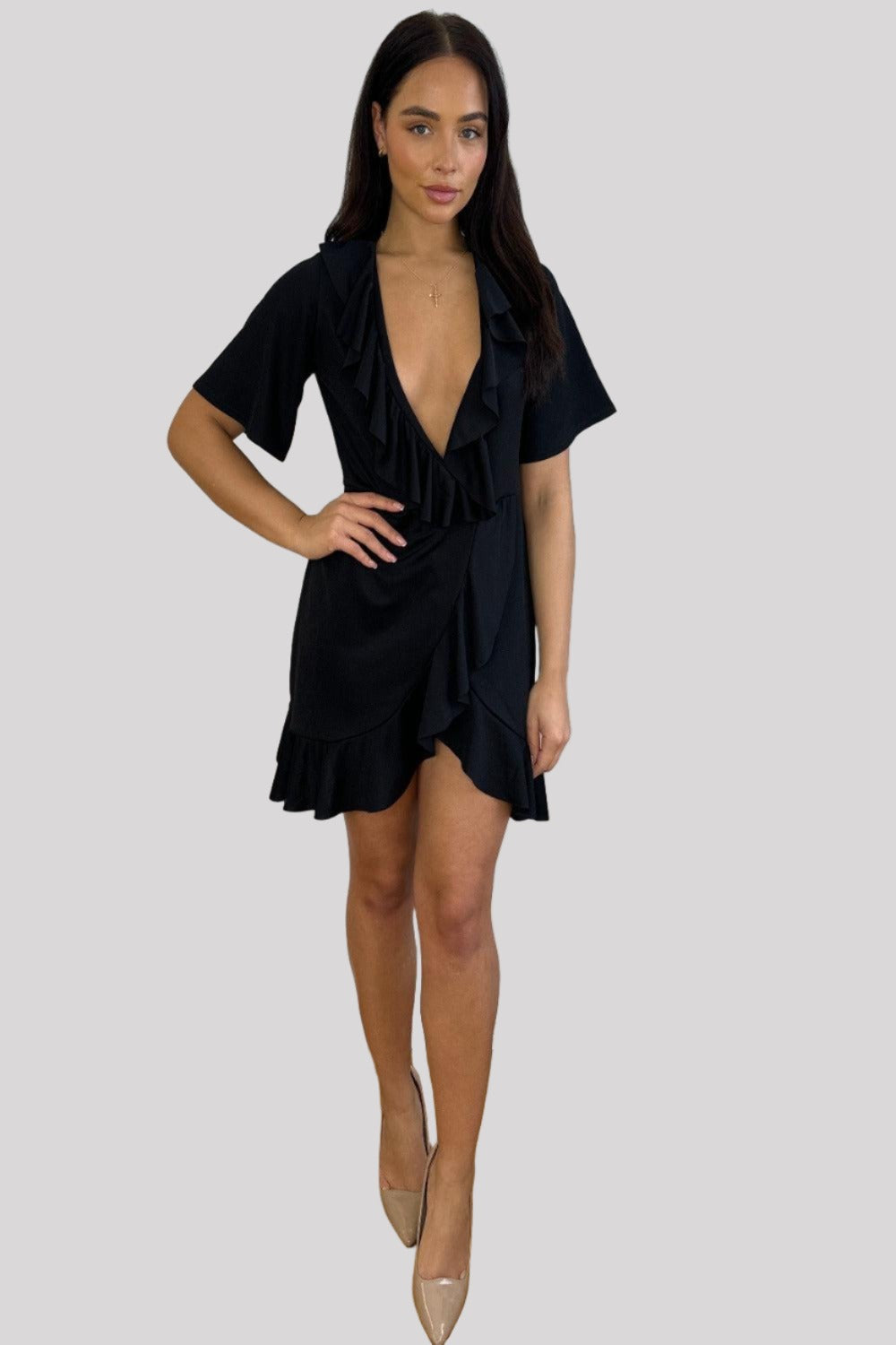 Satin Wrap Dress with Black Frills