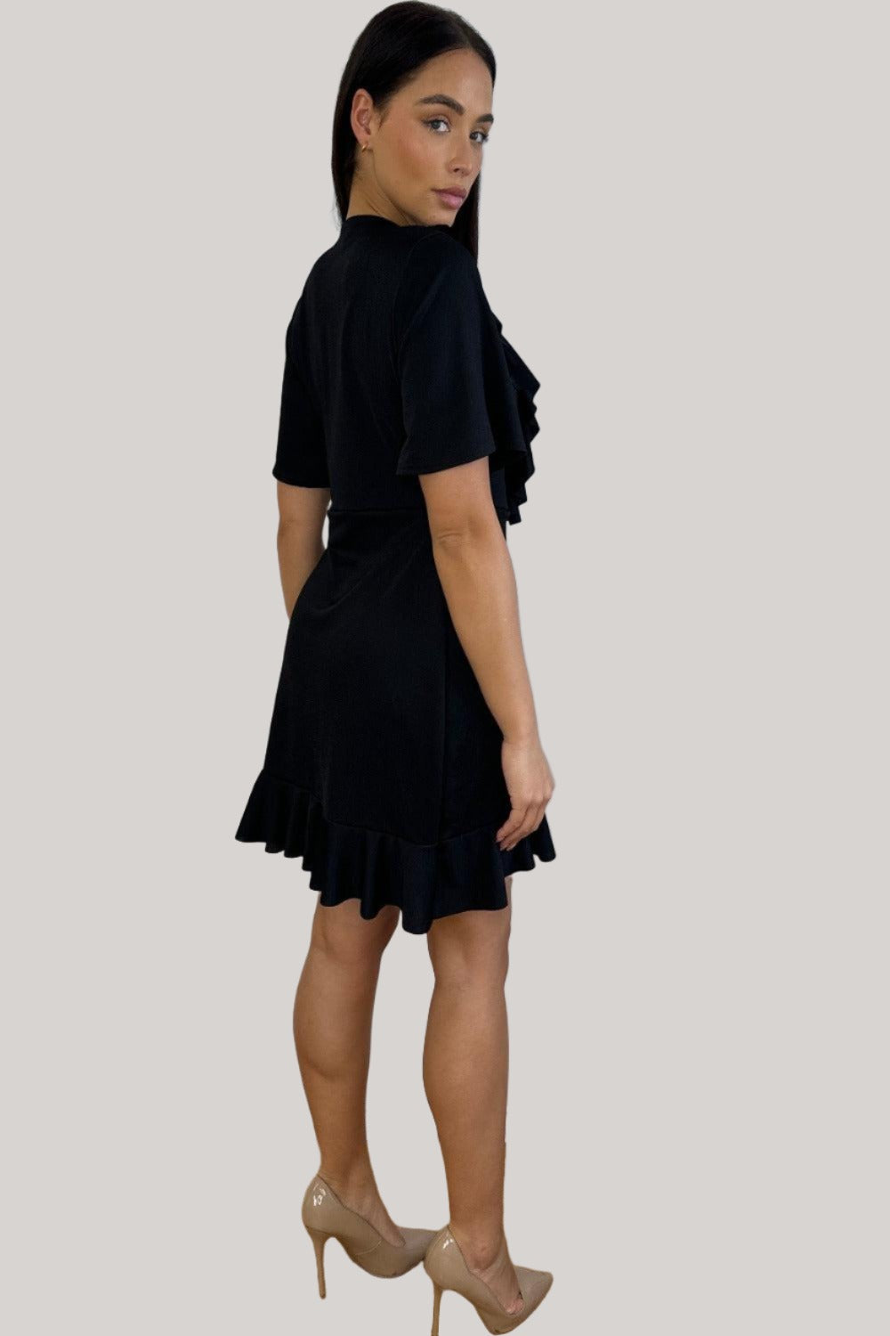 Satin Wrap Dress with Black Frills