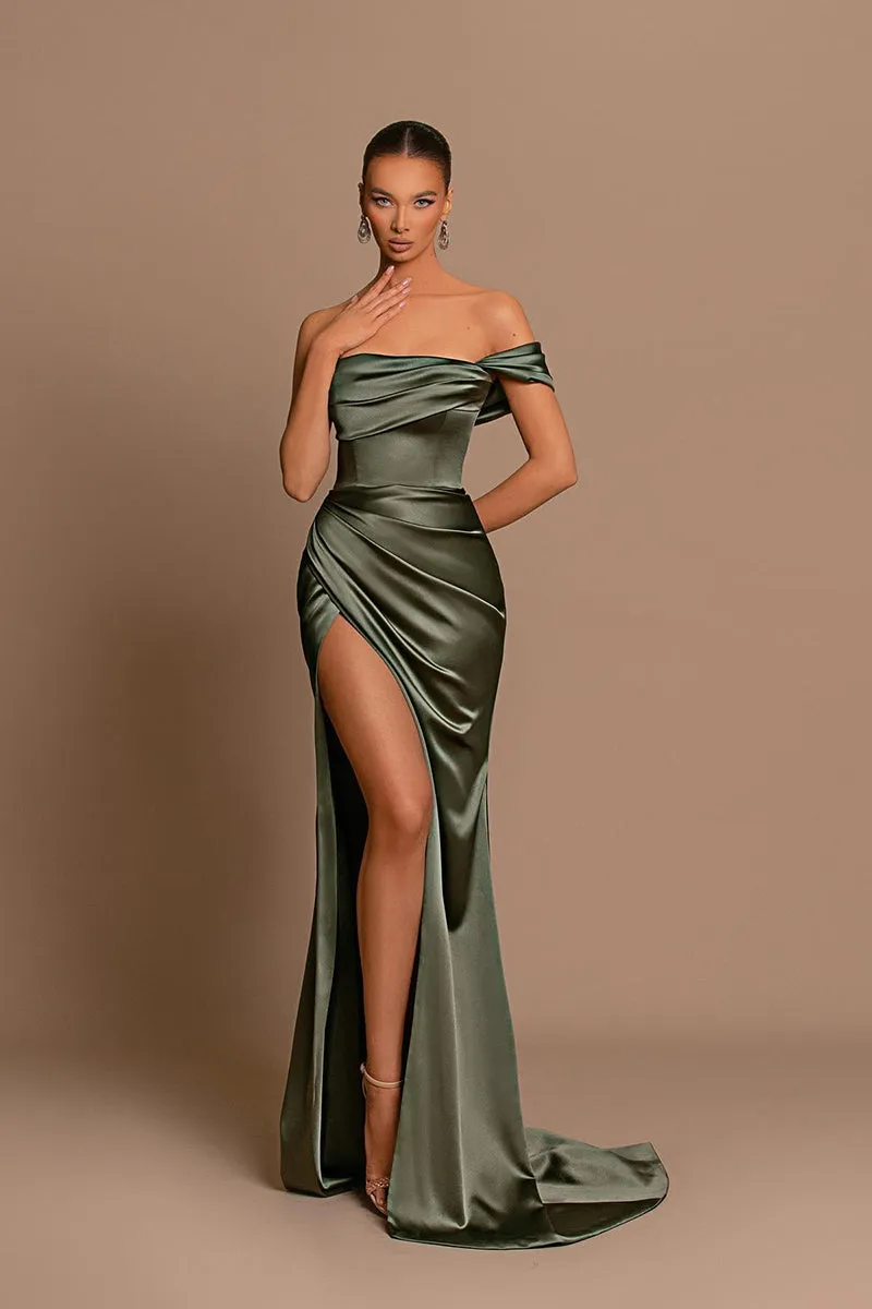 Sheath Off Shoulder Satin Pleated Side Slit Long Green Bridesmaid Dress QB3060