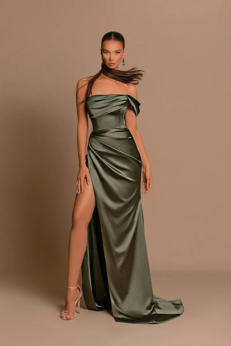 Sheath Off Shoulder Satin Pleated Side Slit Long Green Bridesmaid Dress QB3060