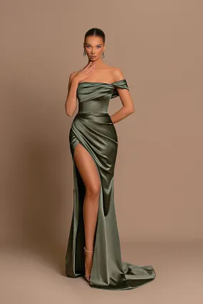 Sheath Off Shoulder Satin Pleated Side Slit Long Green Bridesmaid Dress QB3060