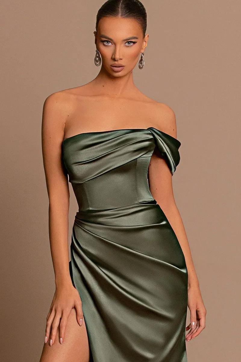 Sheath Off Shoulder Satin Pleated Side Slit Long Green Bridesmaid Dress QB3060