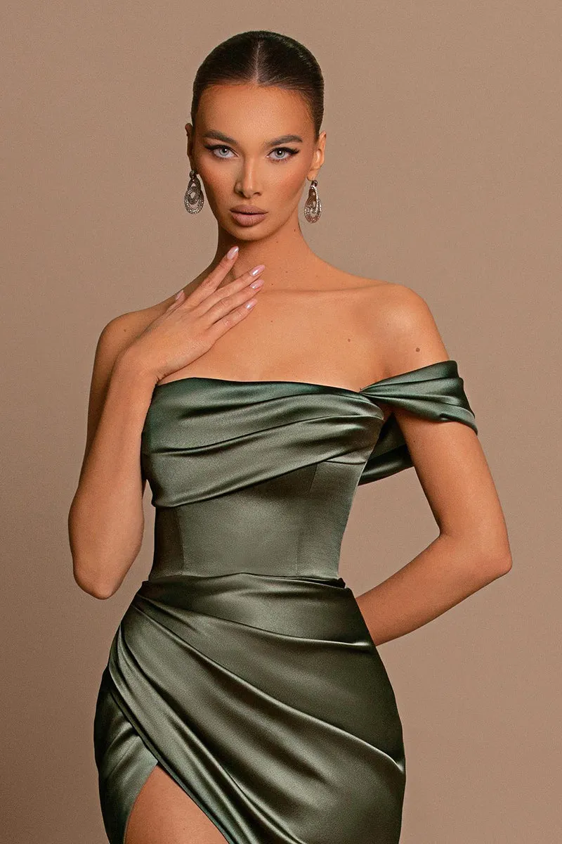 Sheath Off Shoulder Satin Pleated Side Slit Long Green Bridesmaid Dress QB3060