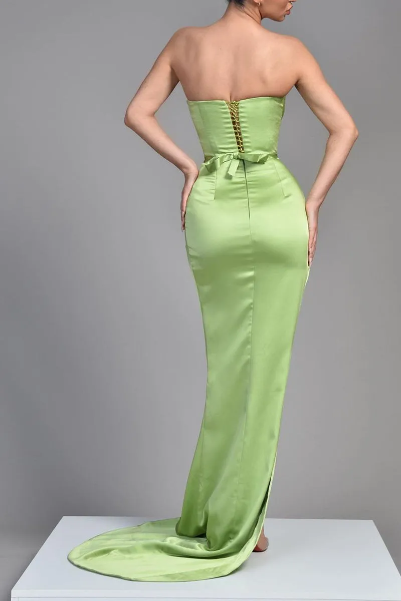 Green Bridesmaid Dress - Sheath Strapless Satin Pleated Side Slit QB3078