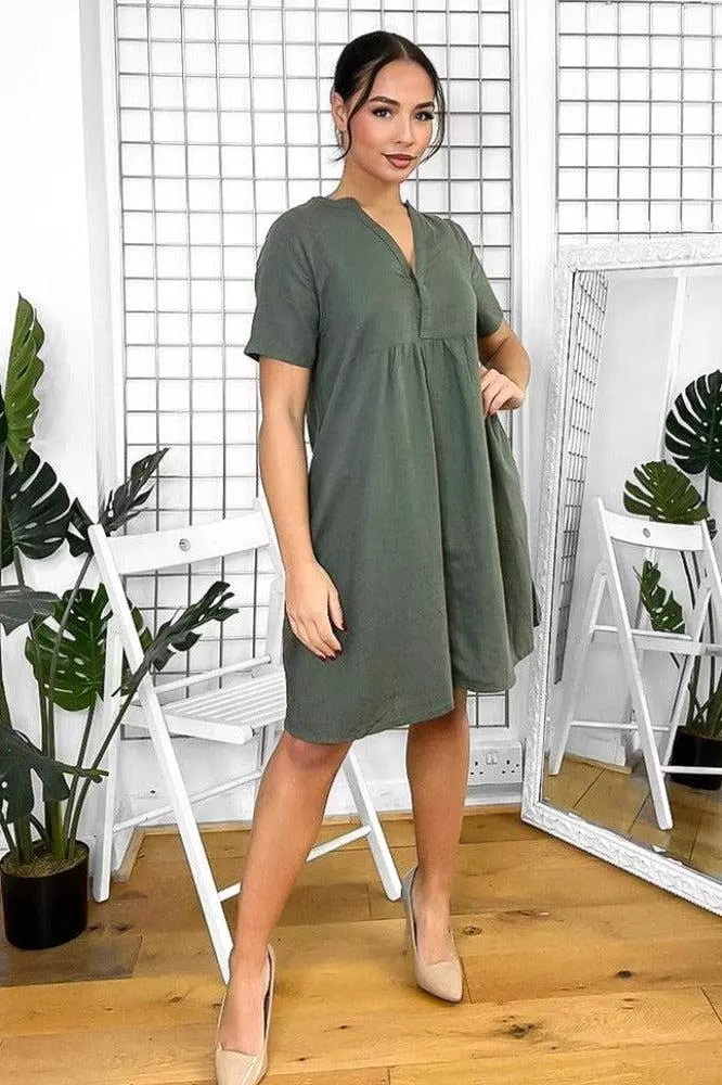 Shift Dress with Linen Blend and Grandad Collar