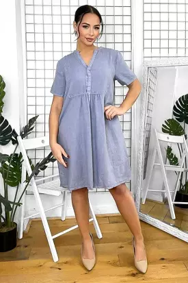 Shift Dress with Linen Blend and Grandad Collar