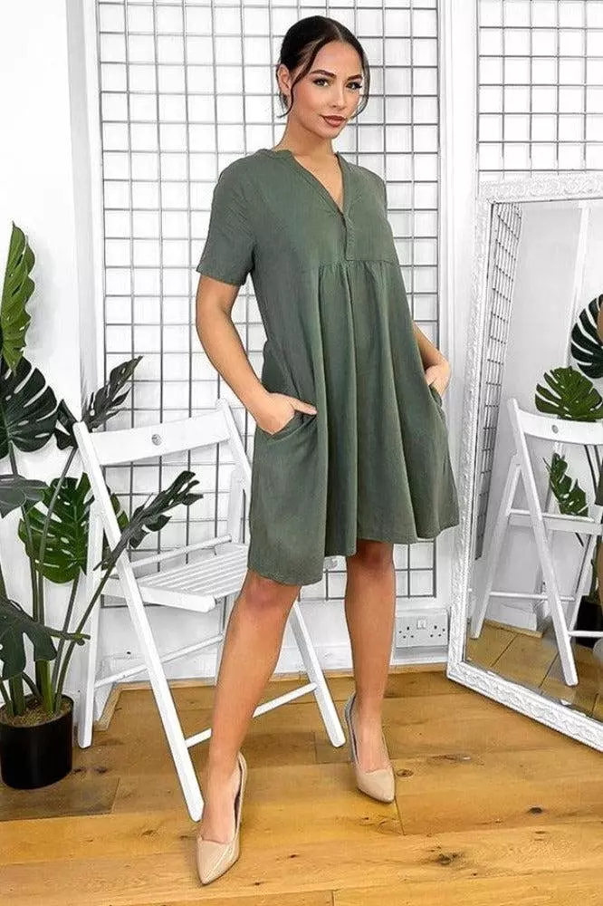 Shift Dress with Linen Blend and Grandad Collar