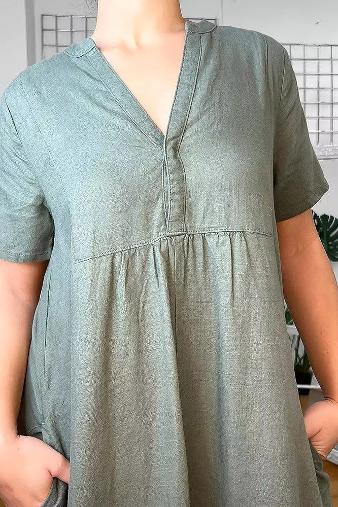 Shift Dress with Linen Blend and Grandad Collar