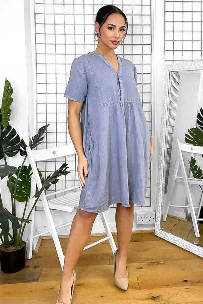 Shift Dress with Linen Blend and Grandad Collar