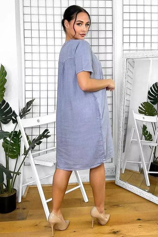 Shift Dress with Linen Blend and Grandad Collar