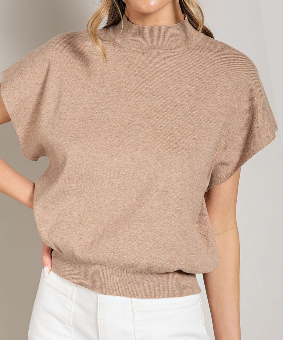 Short Sleeve Mock Neck Top - Oatmeal