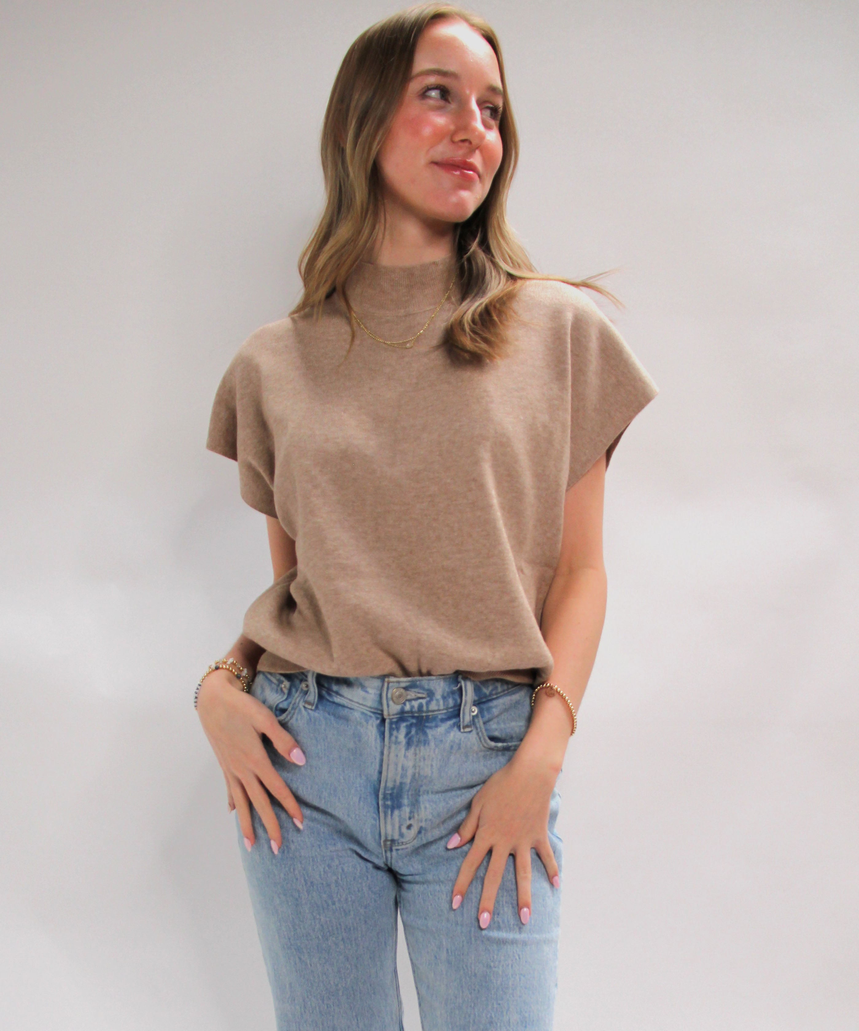 Short Sleeve Mock Neck Top - Oatmeal