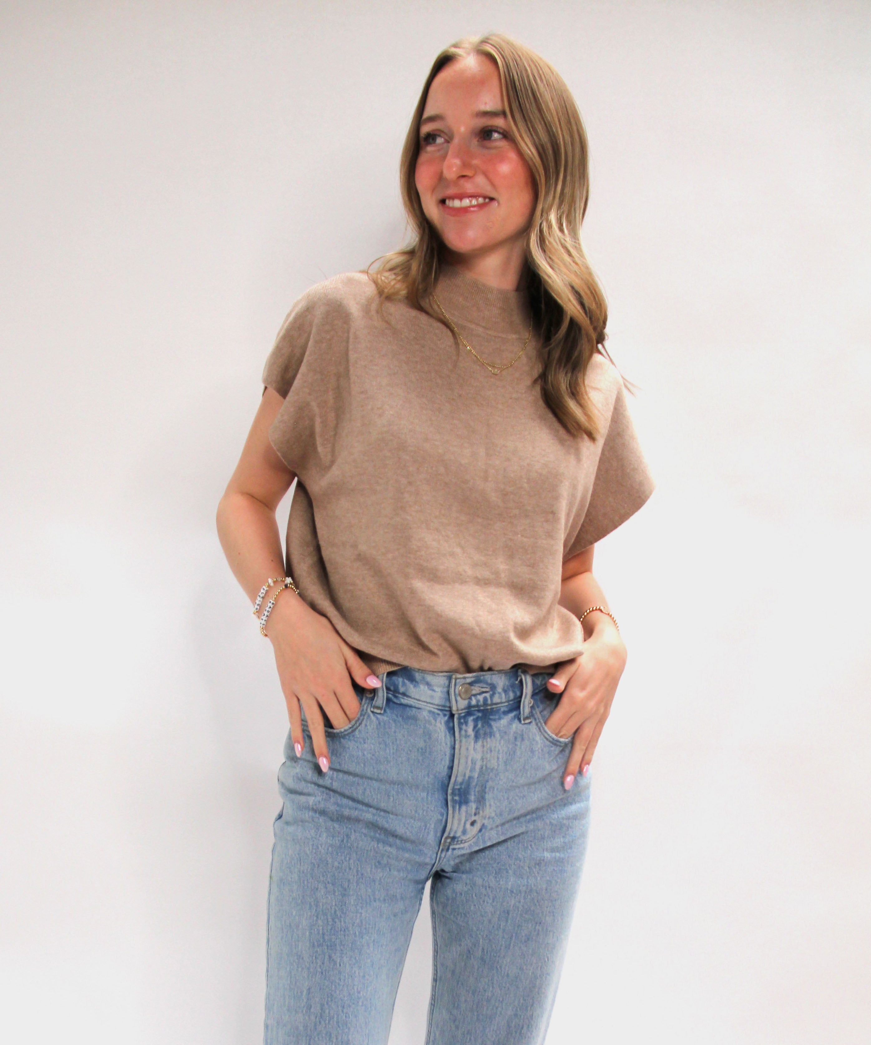 Short Sleeve Mock Neck Top - Oatmeal