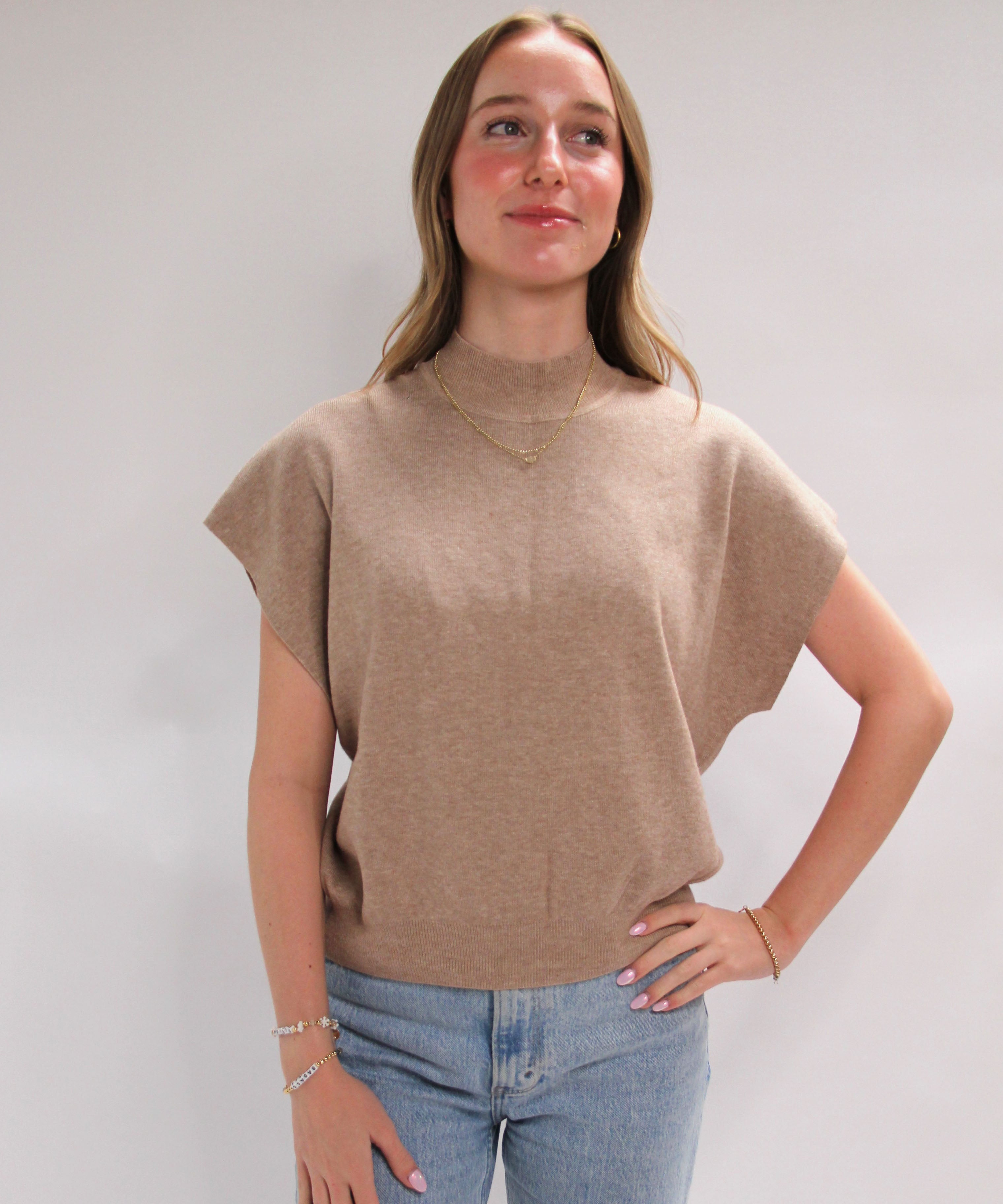 Short Sleeve Mock Neck Top - Oatmeal