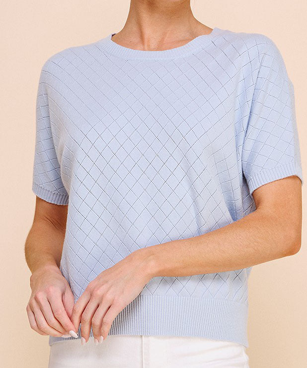 Short Sleeve Powder Blue Pointelle Top