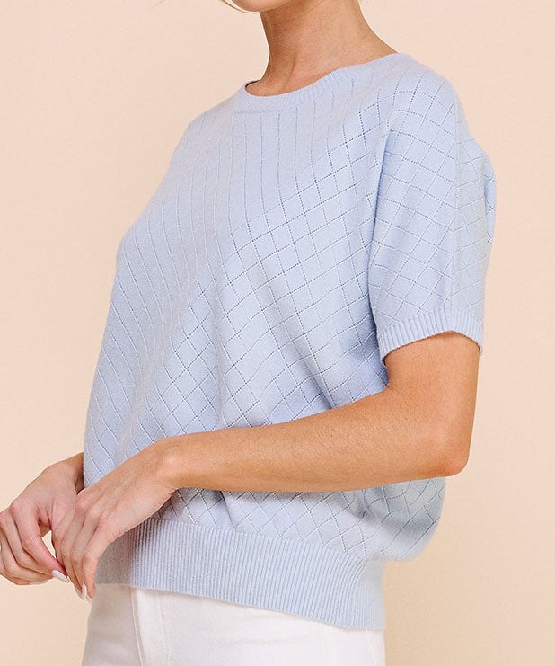 Short Sleeve Powder Blue Pointelle Top